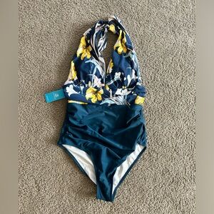 New with tags Cupshe Ruched Halter Tummy Control Blue One Piece Swimsuit. M